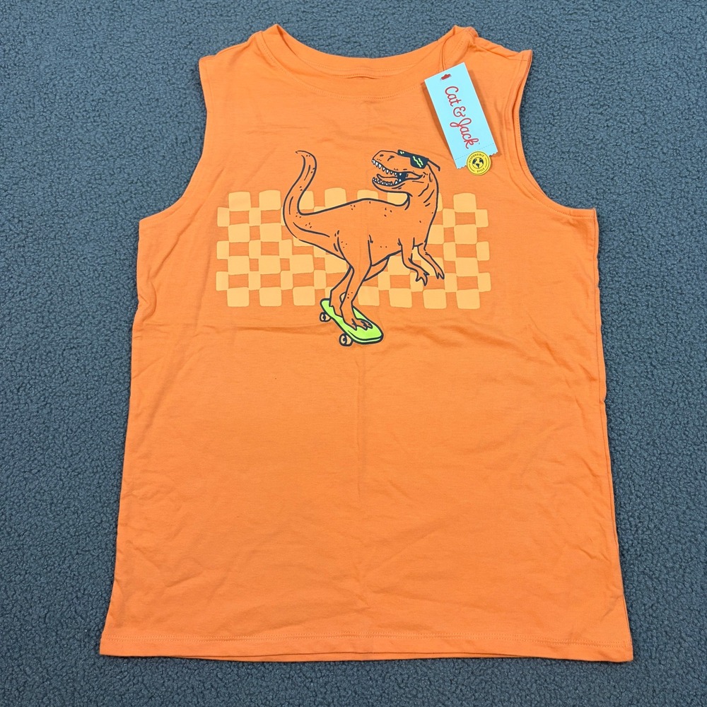 Cat & Jack Tank Top Boys L 10/12 Orange Dinosaur Skateboard Graphic Sleeveless